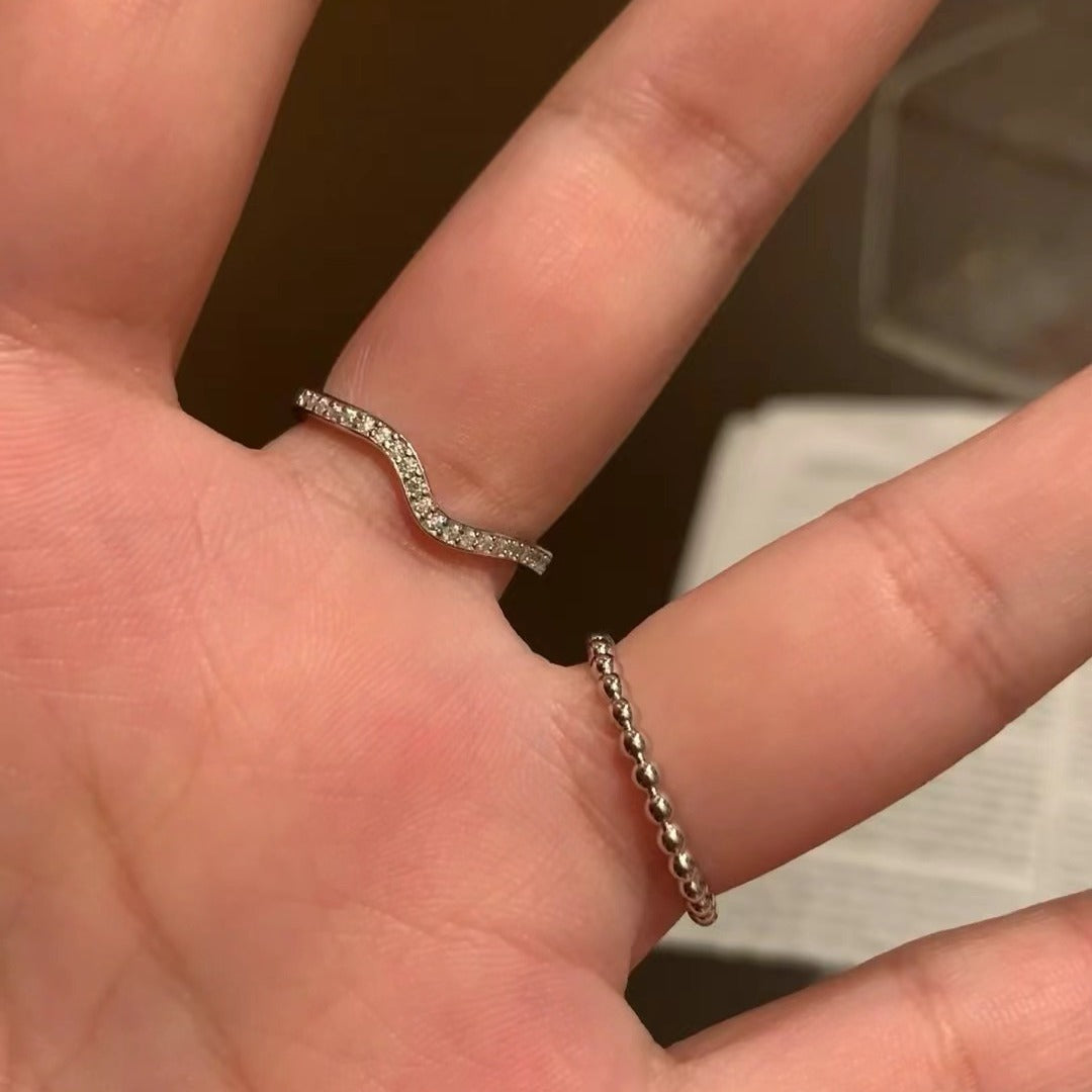 Sterling Silver S925 Wave Pattern V-Shaped High Hot Drilling Stacking Ring Versatile Niche