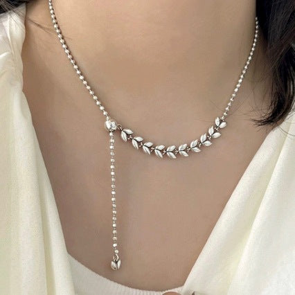 Korean Version S925 Sterling Silver Niche Design Pendant Chain Ins Style Fashion Simple Wheat Spike Splicing Round Ball Y-shaped Pull Necklace