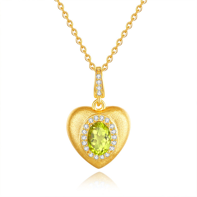 Sterling Silver S925 Brushed Heart Necklace Inlaid with Natural Crystal Stone Niche Autumn Winter Style Garnet Peridot Pendant