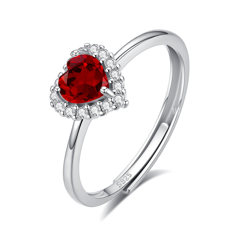 S925 Sterling Silver Ring for Women 5mm Heart-Shaped Natural Crystal Stone Ring Light Luxury High-End Classic Inlaid Jewelry