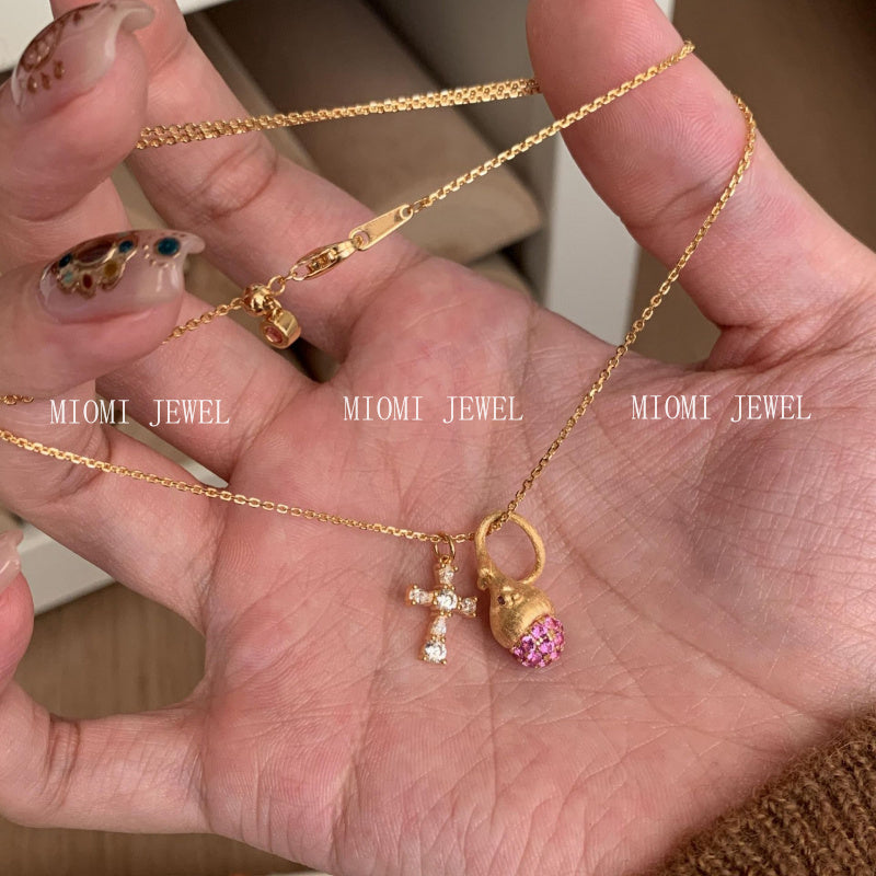 S925 Sterling Silver Brushed Pinecone Cross Necklace Exquisite Sweet Pink Diamond Pendant Niche Design Sense Clavicle Chain