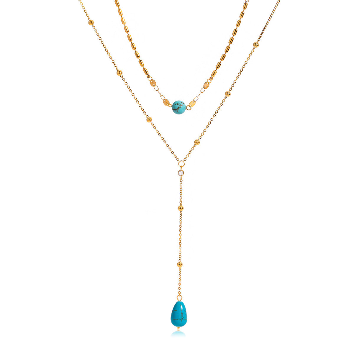 Blue Turquoise Double Layer Titanium Steel Long Necklace Accessories Women Light Luxury High-end Sense Y Chain Stainless Steel Jewelry