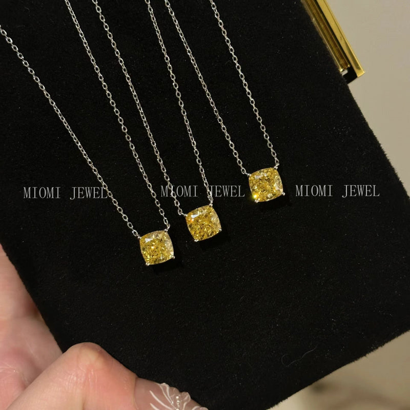 S925 Sterling Silver Lucky Yellow Diamond Ring Necklace Cushion Cut High Carbon Diamond High-end Ice Flower Cut Diamond Ring Collarbone Chain