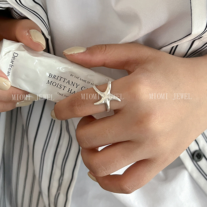 925 Sterling Silver Irregular Matte Starfish Ring for Women Simple Niche Design Light Luxury Multi-layer Open Ring 5856B