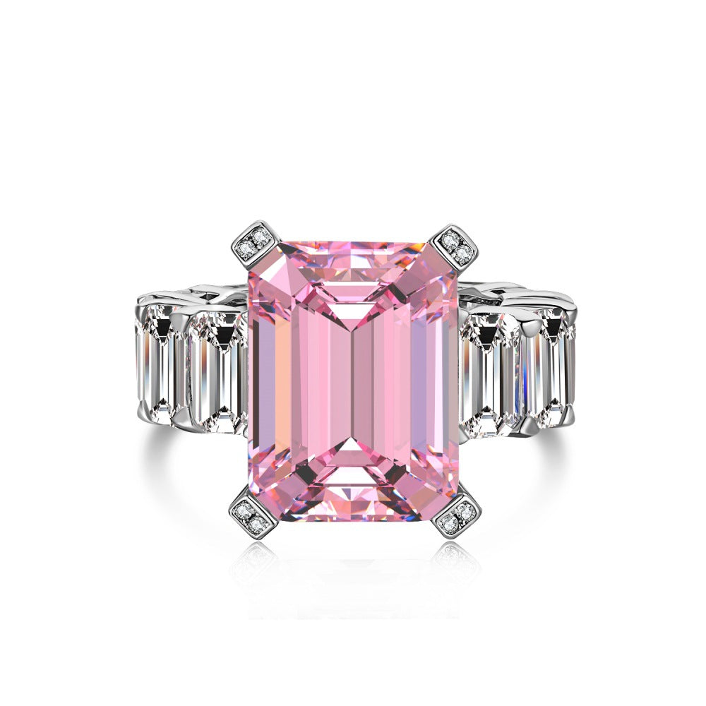 925 Sterling Silver Women's INS Heart Pink Ring Pink Diamond Sugar Cube Super Sparkling High Carbon Diamond Ring Wedding Ring