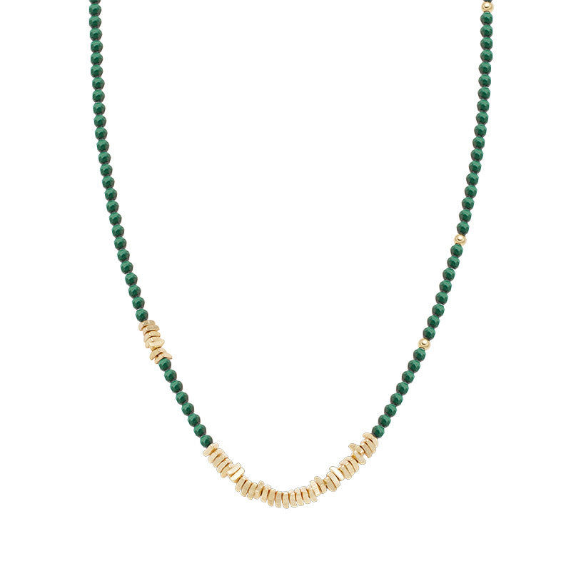 Natural Malachite S925Women's Sterling Silver Necklace French Retro Beaded with Clavicle Chain Accessories High Sense Necklace