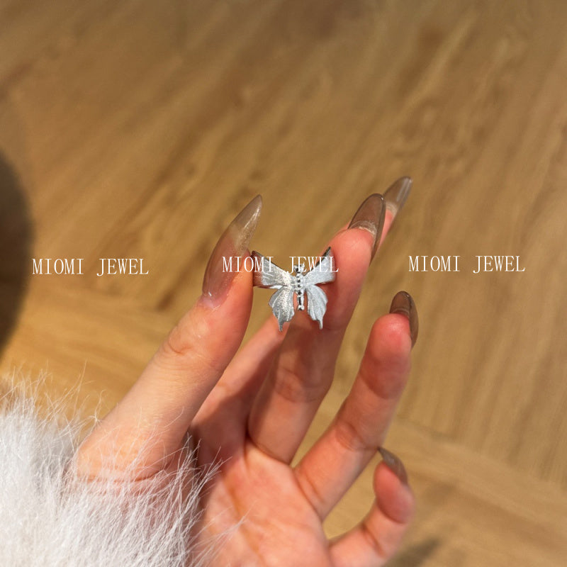 S925 Sterling Silver INS Style Brushed Craft Butterfly Ring Elegant Niche Design Exquisite Ring