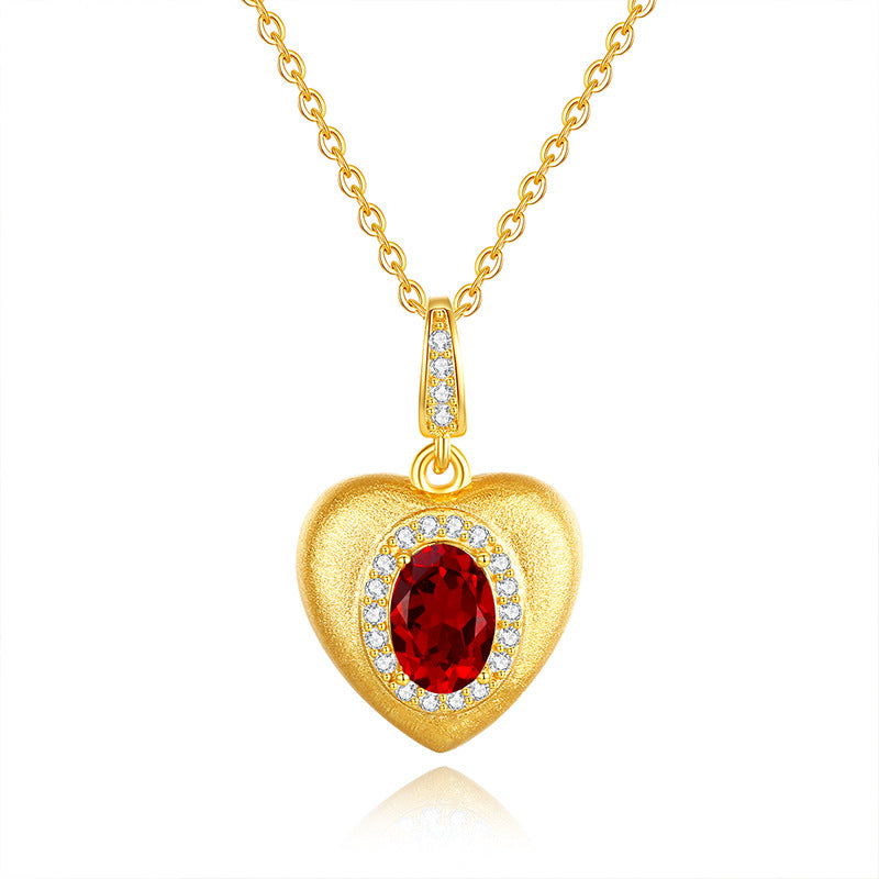 Sterling Silver S925 Brushed Heart Necklace Inlaid with Natural Crystal Stone Niche Autumn Winter Style Garnet Peridot Pendant