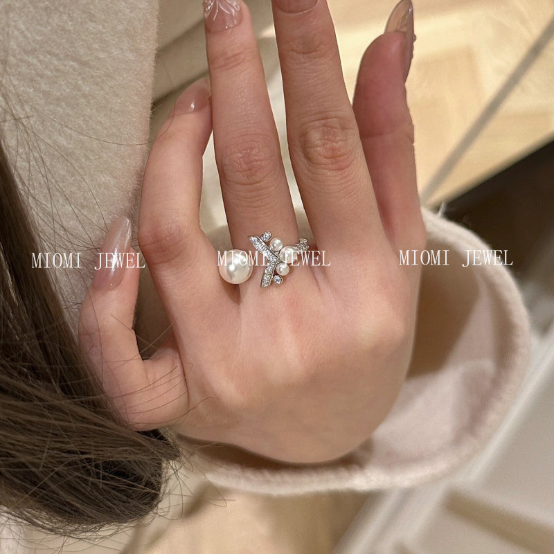 S925 Sterling Silver Micro Inlaid Zircon Pearl Fish Tail Ring Niche Design Sense V-shaped Diamond Ring Tail Ring for Women