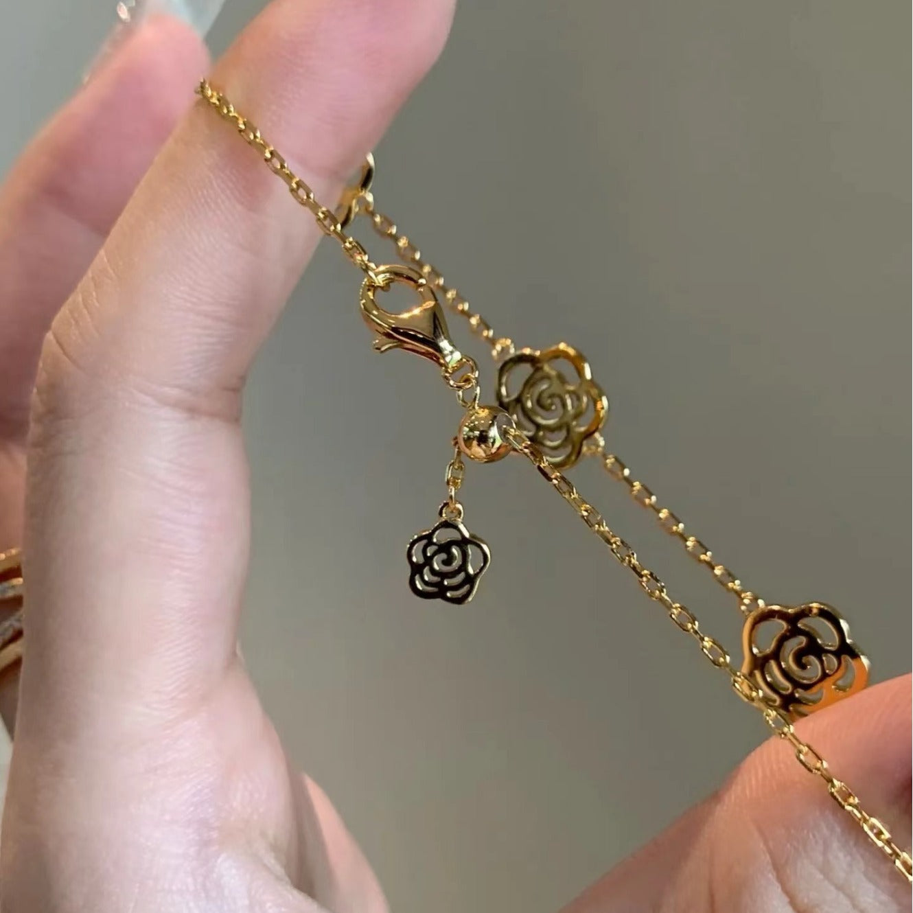 Vintage Style Pure Silver S925 Real Gold Plated Chanel Style Rose Flower Bracelet Push-Pull Adjustable Bracelet Necklace