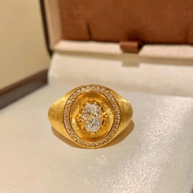 Sterling Silver S925 Italian Brushed Craft Gold Stamp Ring Vintage Niche Personality Light Luxury High-end Feel Ring