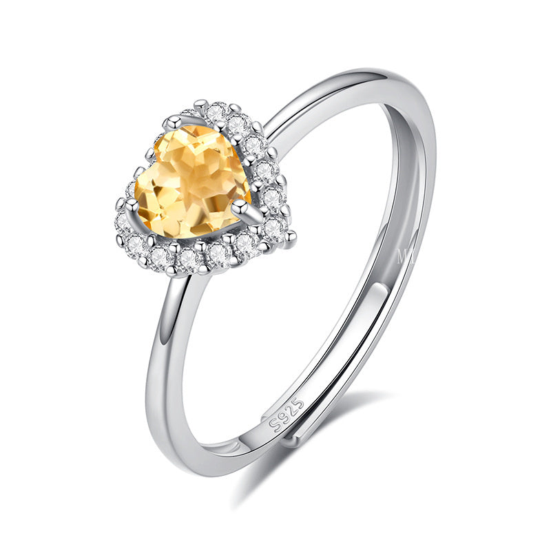 S925 Sterling Silver Ring for Women 5mm Heart-Shaped Natural Crystal Stone Ring Light Luxury High-End Classic Inlaid Jewelry