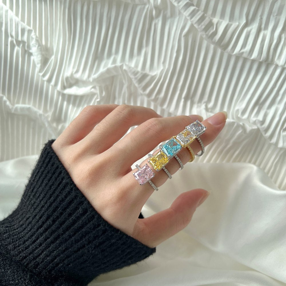 High Carbon Diamond Jewelry S925 Sterling Silver Heavy Craft Ring for Women 8A Zircon Square Ice Flower Cut Gemstone Ring