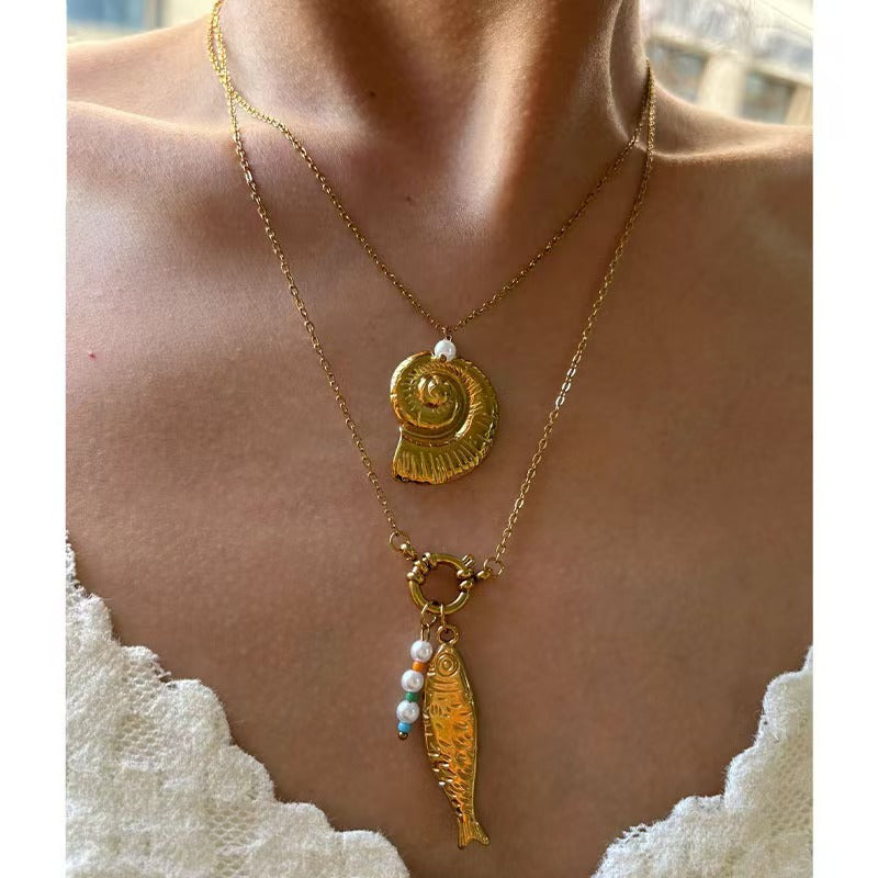 gold Stainless Steel Necklace with Conch & Small Fish - Personalized Layered Design, Ocean Beach Style