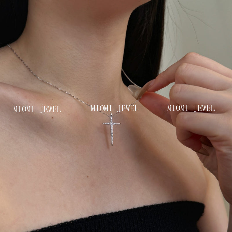 Silver S925 White Round Zircon Inlaid Cross Shape Simple Minimalist Unisex Fashion Versatile Design Necklace