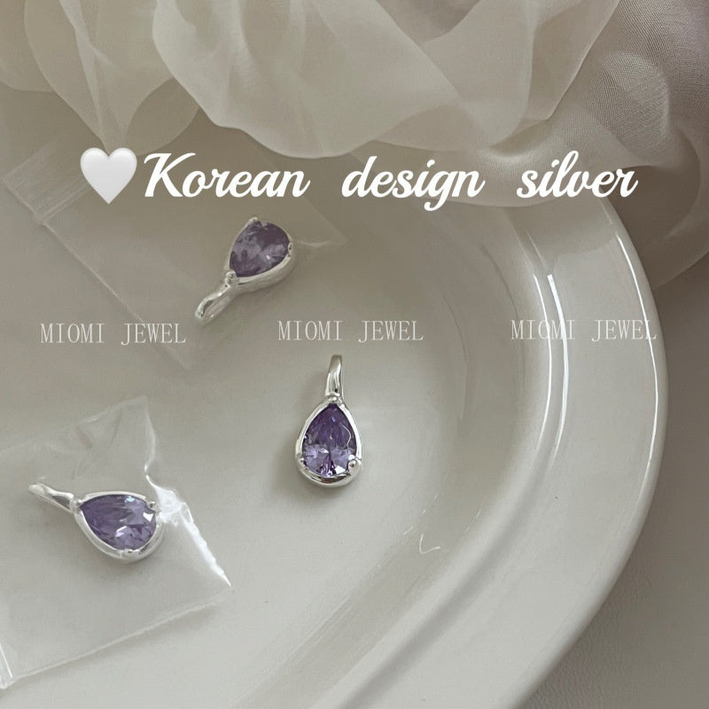 Korean Niche Simple Bright Silver Jewelry S925 Sterling Silver Water Drop Purple Zircon Pendant High-end Niche Women