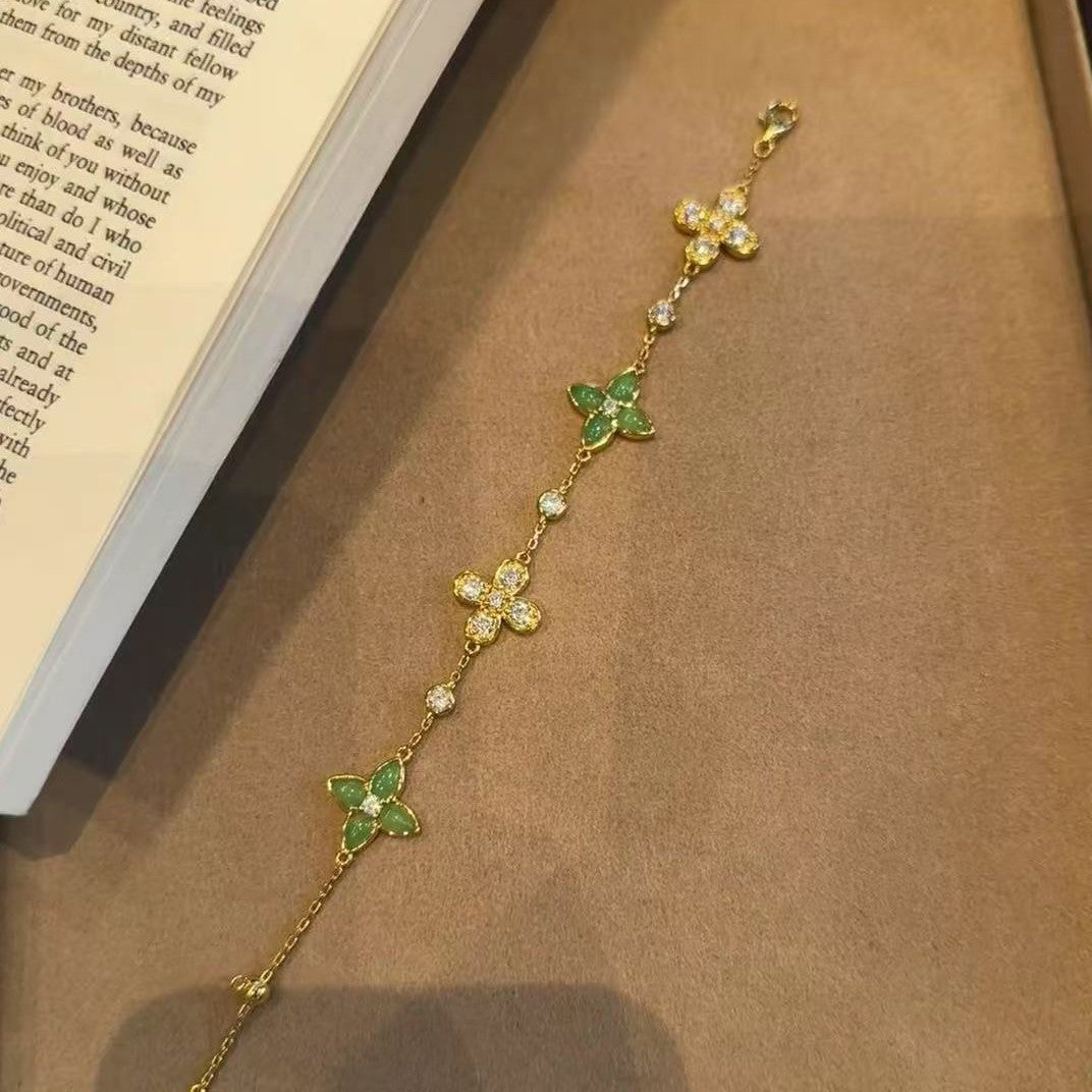 New Chinese Style Green Chalcedony Four-Leaf Clover Bracelet High-End Fresh Light Luxury Niche Temperament Jewelry
