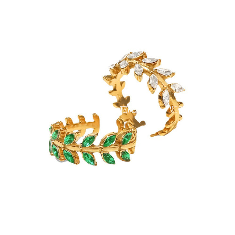 Titanium Steel Ring 18K Gold Stainless Steel Leaf-Shaped Inlaid White/Green Zircon Ring