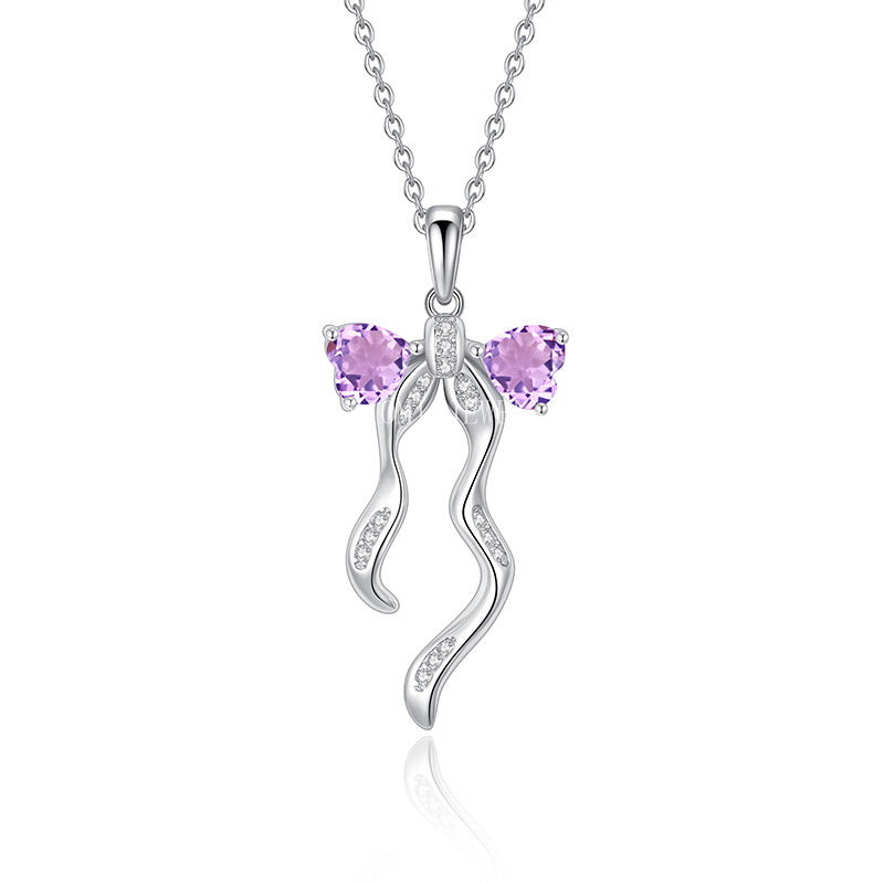 S925 Sterling Silver Ribbon Bow Necklace for Women Korean Style Natural Crystal Stone Niche Topaz Pendant for Women