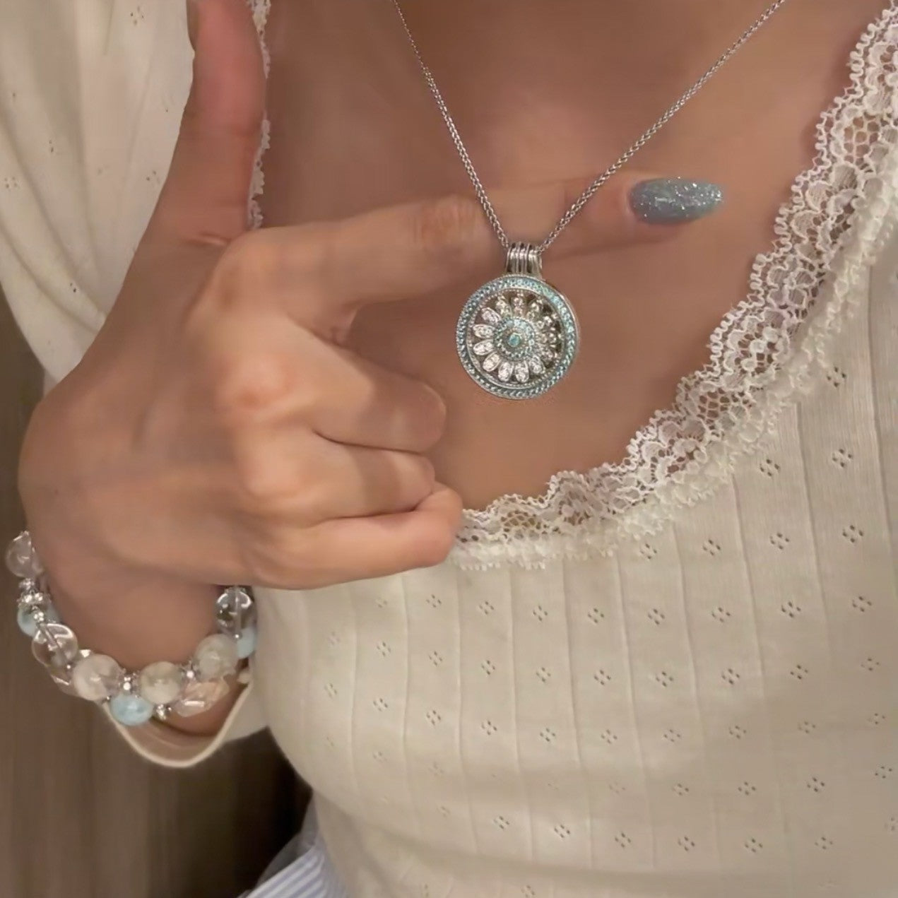 Pure Silver S925 Italian Craft Brushed Mint Green Reversible Compass Necklace Compass Exquisite Light Luxury High-end