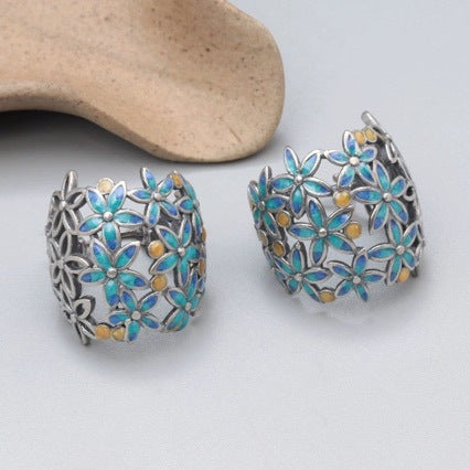S925 Sterling Silver Resin Oil Drop Craft Small Flower Hollow Earrings Vintage Distressed Flower Earrings Ethnic Style Jewelry