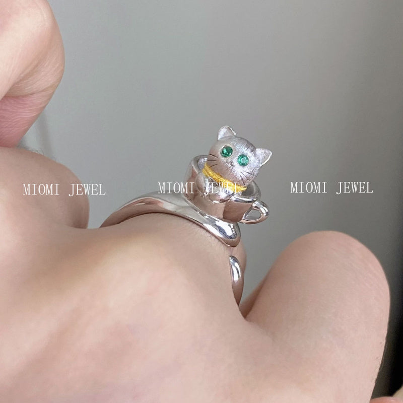S925 Sterling Silver 3D Small Teacup Cat Ring for Women, Open Silver Ring whimsical