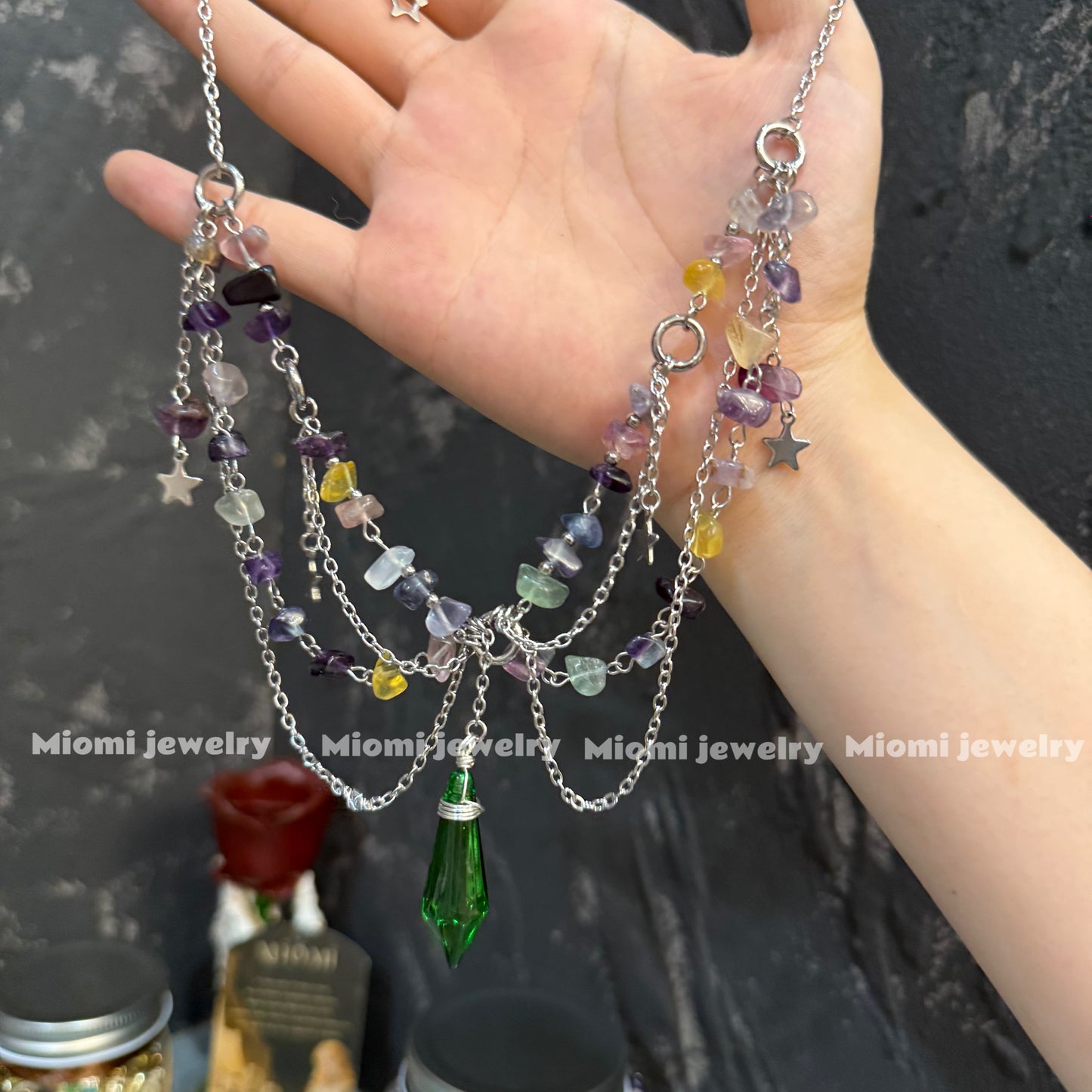 Natural crystal necklace fairy witch (but middle green is plastic)
