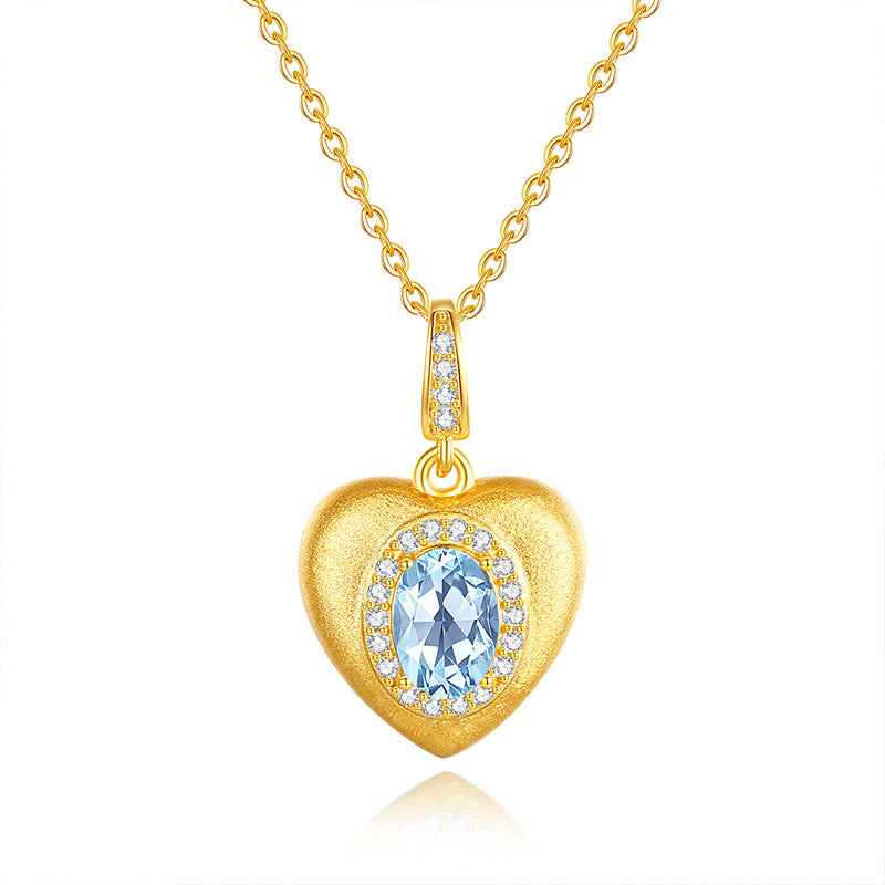 Sterling Silver S925 Brushed Heart Necklace Inlaid with Natural Crystal Stone Niche Autumn Winter Style Garnet Peridot Pendant