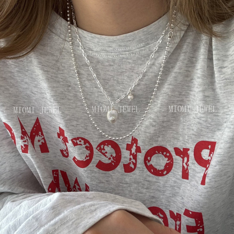S925 Silver Korean Version Niche Design Freshwater Pearl Irregular Baroque Pig Nose Necklace Wind Collarbone Chain