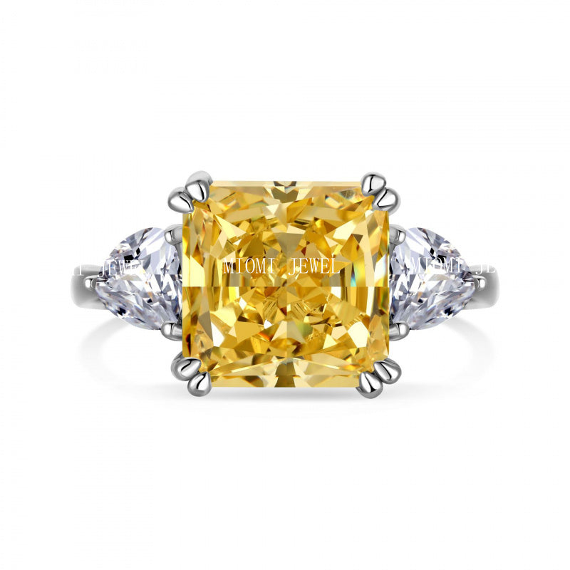 Cross-Border Hot S925 Sterling Silver Yellow Diamond Ring Female Noble Super Flash Ice Flower Cut High Carbon Diamond 8A Zircon Ring