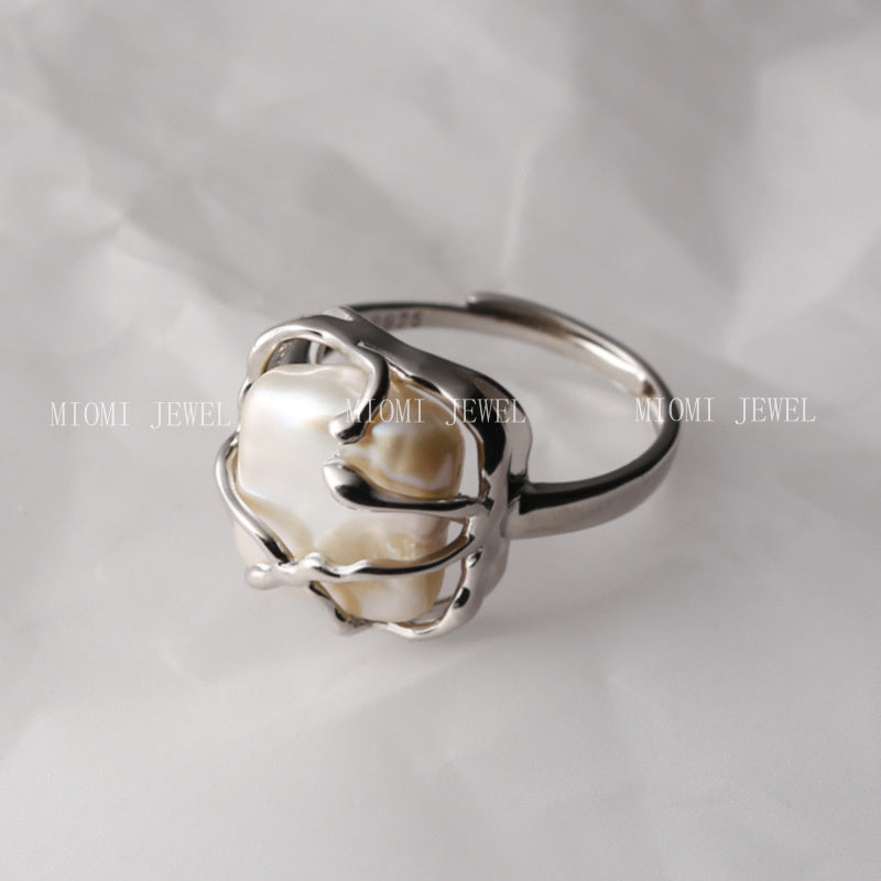 Weian S925 Sterling Silver Ring with Pearl, Spanish Designer Style, Niche Baroque Ring J0057