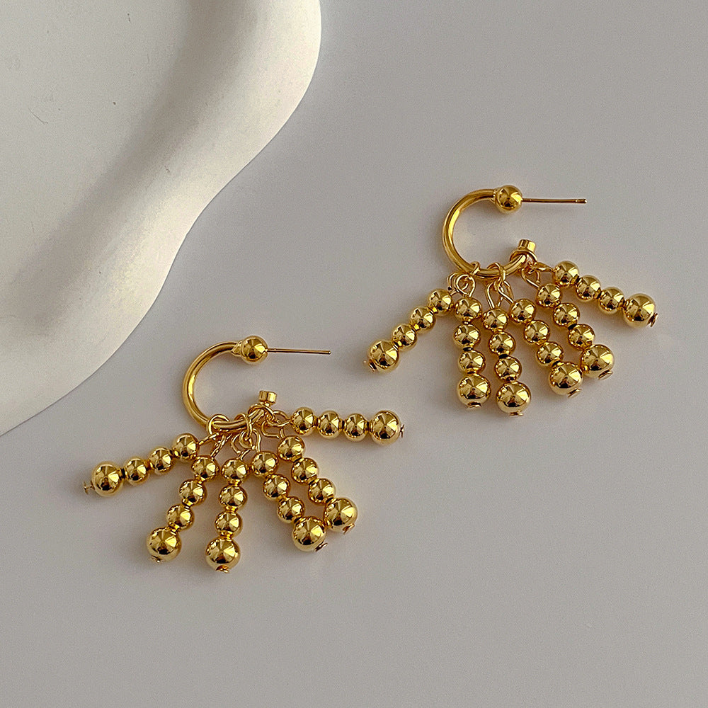 French Retro 18K Gold Jewelry Bead Curtain Waterfall Bead Earrings 925 Silver Needle Personality Trendy Earrings