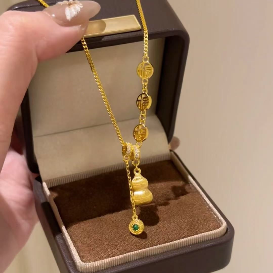 Pure Silver S925 Brushed Craft Fulu Gourd Tassel Necklace New Chinese Style Personality High-Value Fu Pendant Sweater Chain