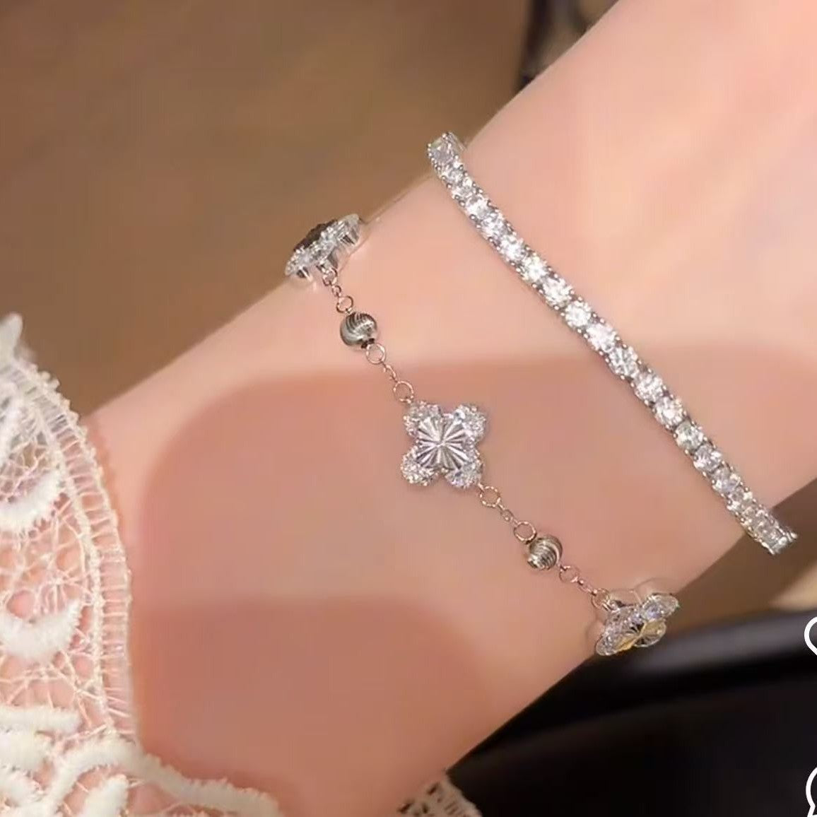 Sterling Silver S925 CNC Laser Four-Leaf Clover Bracelet Fashion Versatile Heavy Craftsmanship Four-Leaf Clover Light Luxury High-End Design