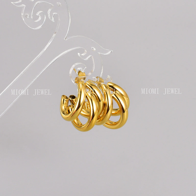E68 Hong Kong Style Retro Three-Layer C-Shaped Hollow Round Tube Earrings Studs Wholesale Jewelry Accessories