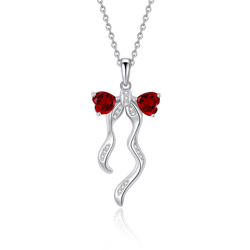 S925 Sterling Silver Ribbon Bow Necklace for Women Korean Style Natural Crystal Stone Niche Topaz Pendant for Women