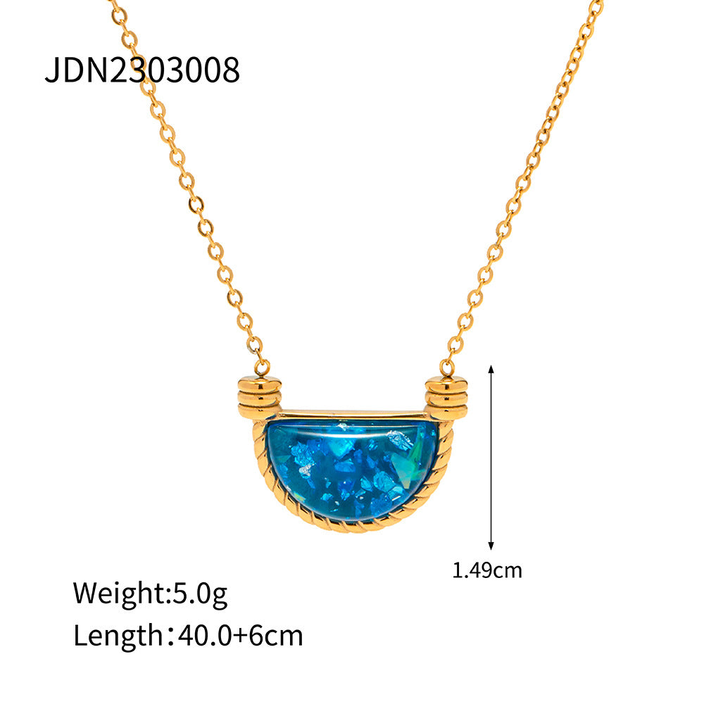 Fashion Retro Style Natural Blue Resin Fan-Shaped Basket Pendant Necklace for Women Stainless Steel Jewelry
