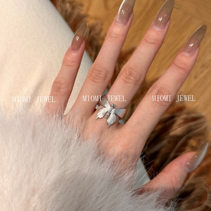 S925 Sterling Silver INS Style Brushed Craft Butterfly Ring Elegant Niche Design Exquisite Ring