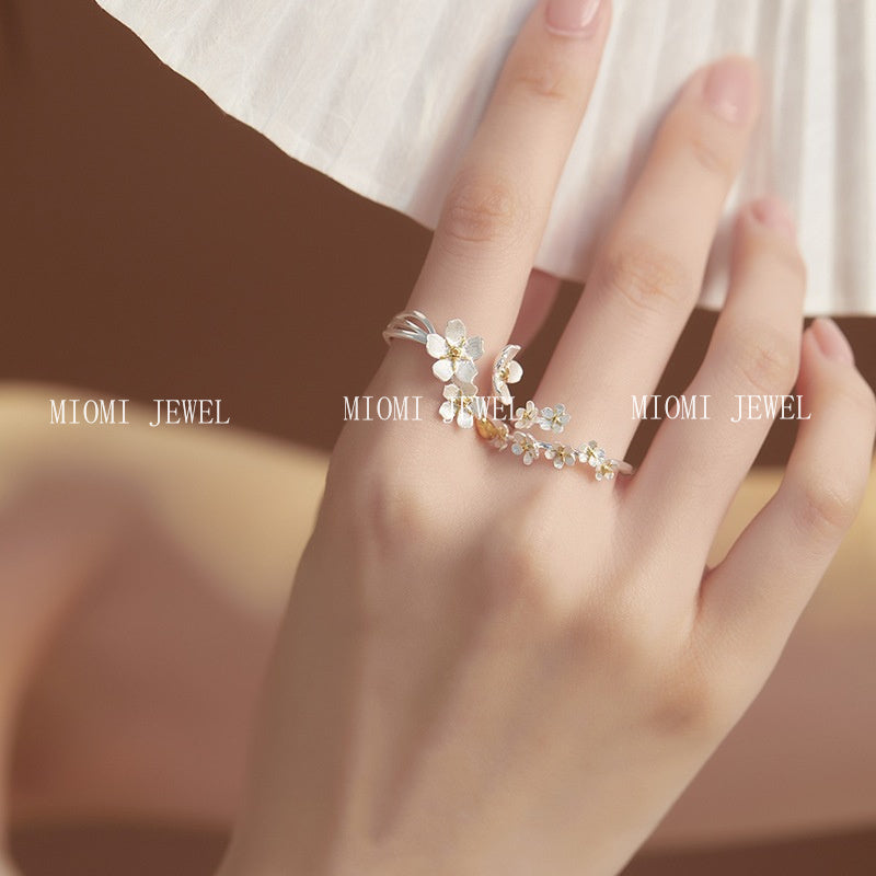 S925 Sterling Silver French Retro Palace Style Three-Dimensional Flower Iris Ring Color-Block Ancient Medieval Open Ring