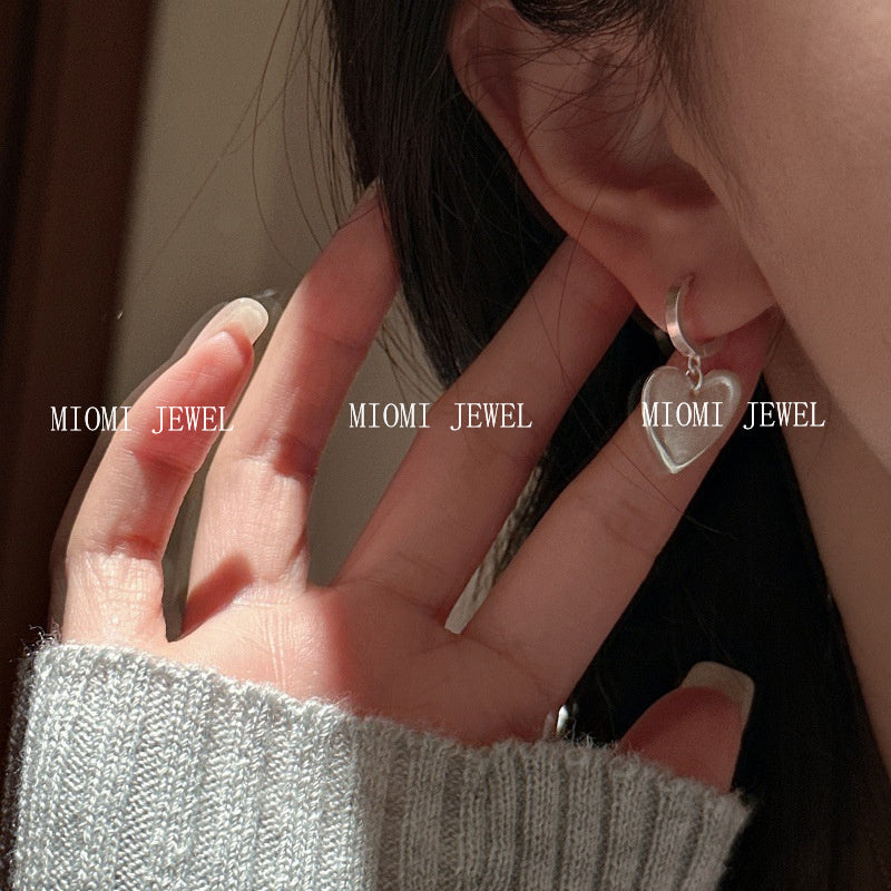 S925 Sterling Silver Korean Version Niche Design Matte Heart Earrings Vintage Simple Korean Style Basic Earrings
