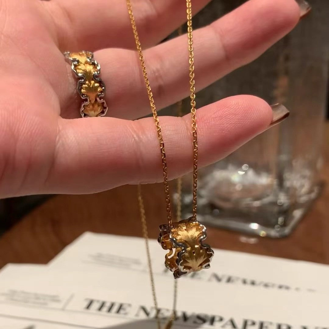 Italian Craft Vintage Brushed Craft Pure Silver S925 Vintage Brushed Ginkgo Leaf Necklace