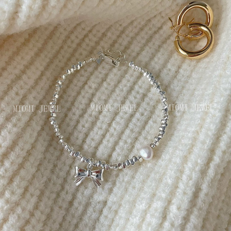 S925 Sterling Silver Natural Freshwater Pearl Bowknot Fragmented Silver Bracelet for Women Sweet Temperament Korean Style Bangle