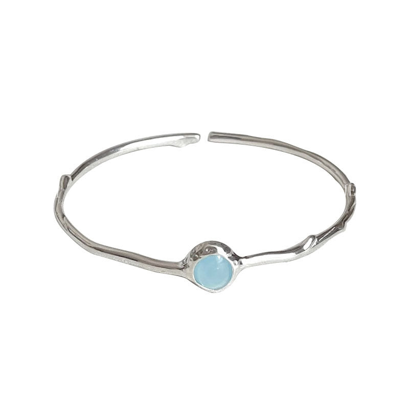 S925 Sterling Silver Aquamarine Open Bracelet for Women Irregular Design Niche Cool Minimalist Oval Bracelet
