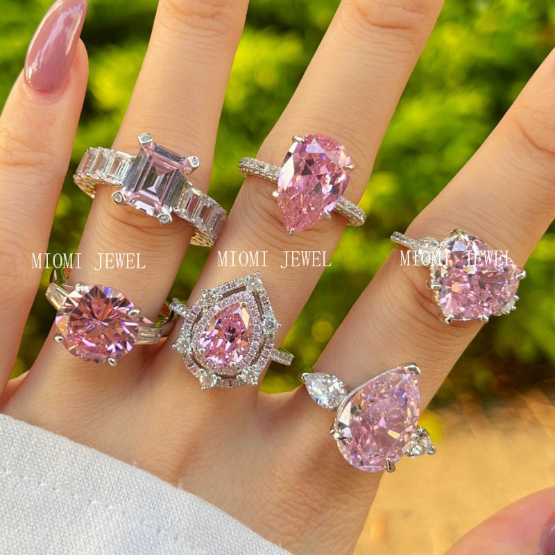 925 Sterling Silver Women's INS Heart Pink Ring Pink Diamond Sugar Cube Super Sparkling High Carbon Diamond Ring Wedding Ring