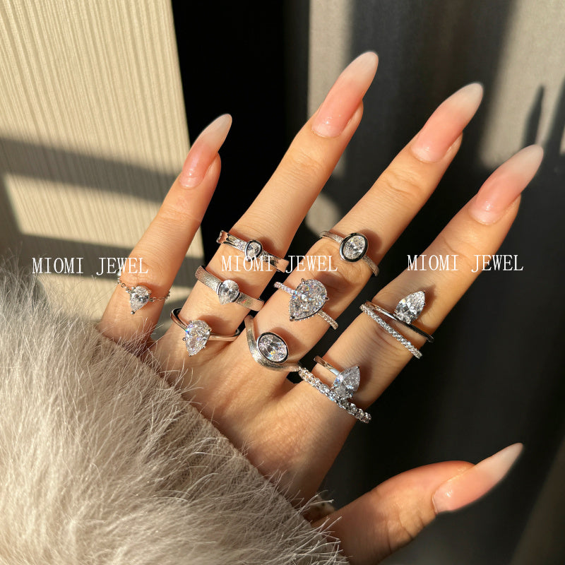S925 Sterling Silver Ring for Women with Water Drop Egg-Shaped Zircon Inlay, Exquisite Wedding Ice Flower Cut Women's Jewelry