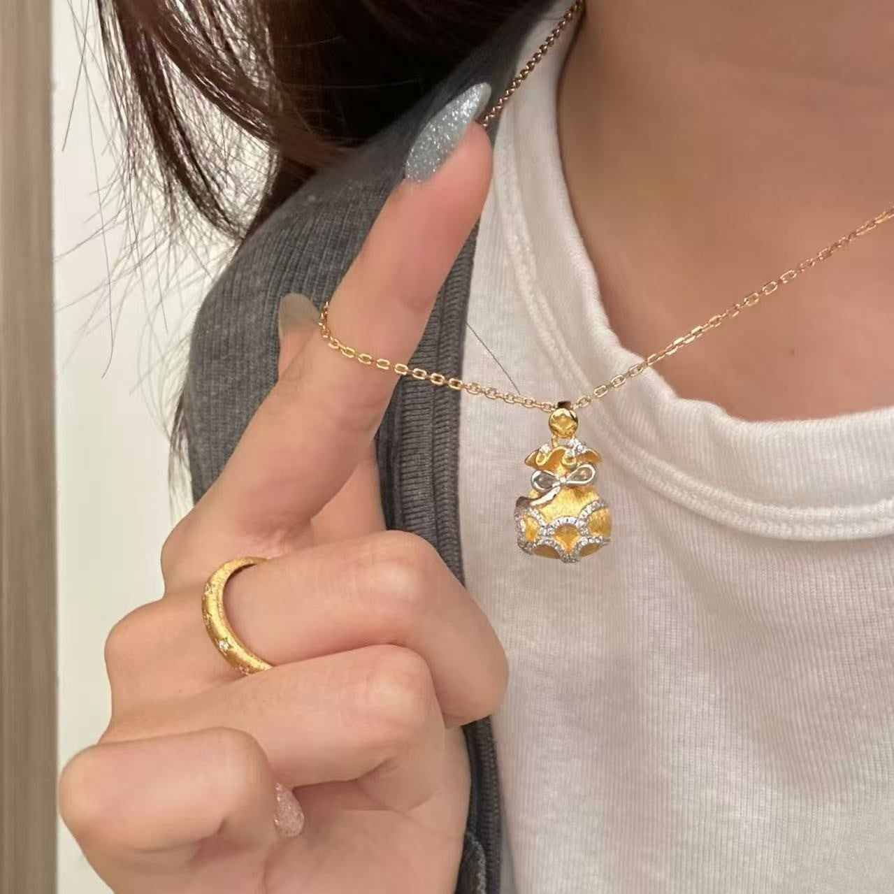 Sterling Silver S925 Brushed Craft Gold and Silver Color Electroplated Lucky Bag Money Bag Necklace Niche Design Light Luxury High-end Feel