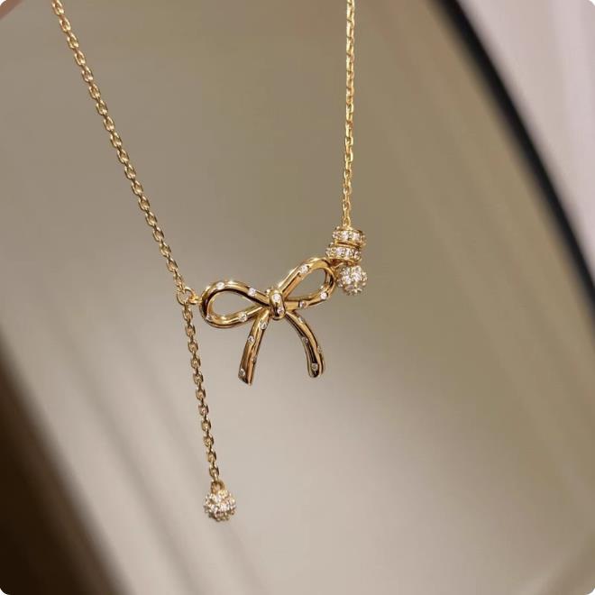 Sterling Silver S925 Runaway Princess Bow Necklace Light Luxury Vintage High-Value Sweet Versatile Collarbone Chain
