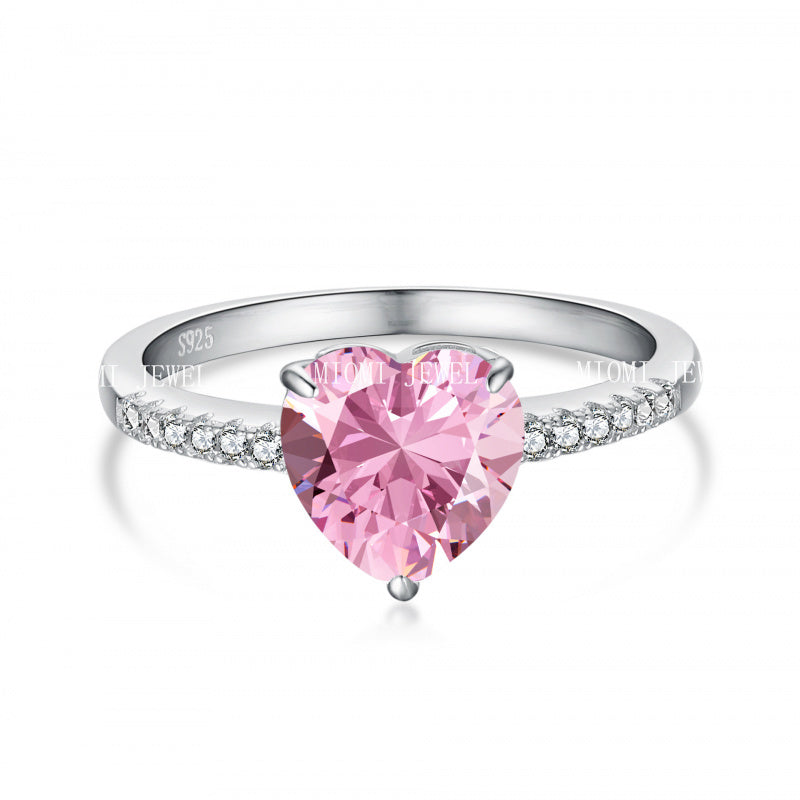 925 Sterling Silver Women's INS Heart Pink Ring Pink Diamond Sugar Cube Super Sparkling High Carbon Diamond Ring Wedding Ring
