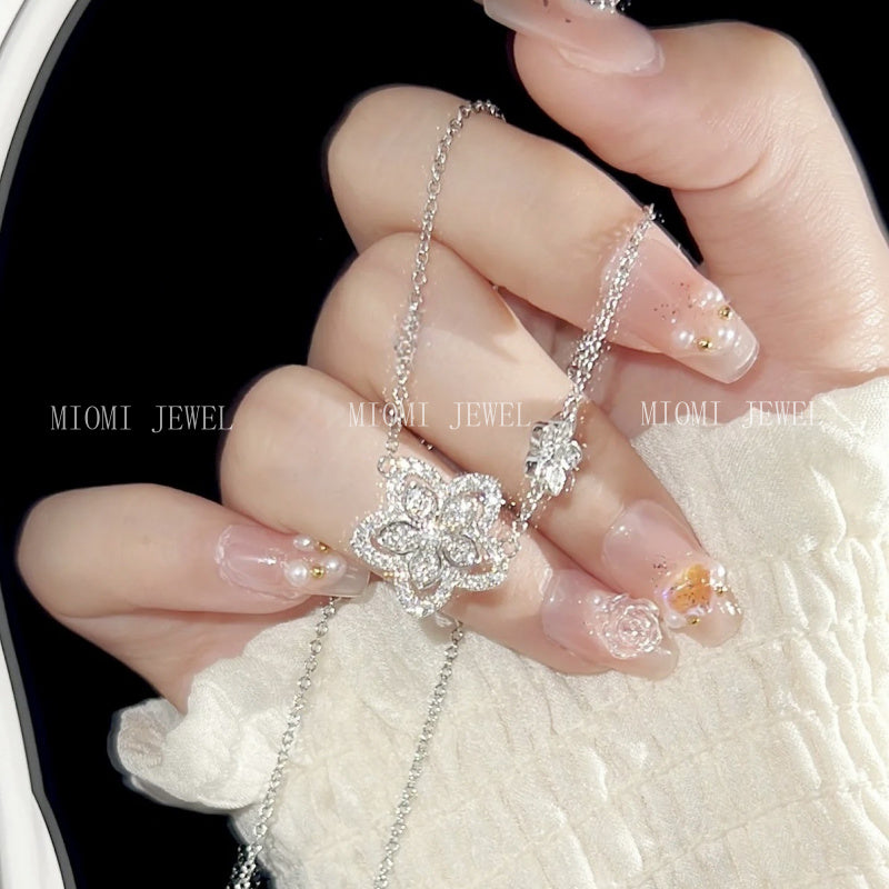 Yinbei S925 Sterling Silver Sparkling Full Diamond Floral Collarbone Chain Fashion Versatile High-end Neck Chain Sparkling O Chain Goddess Gift