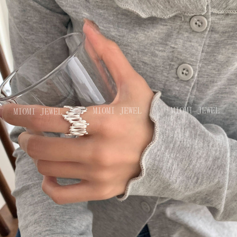 S925 Sterling Silver Irregular Water Drop Ring for Women Korean Retro High-end Niche Design Ring